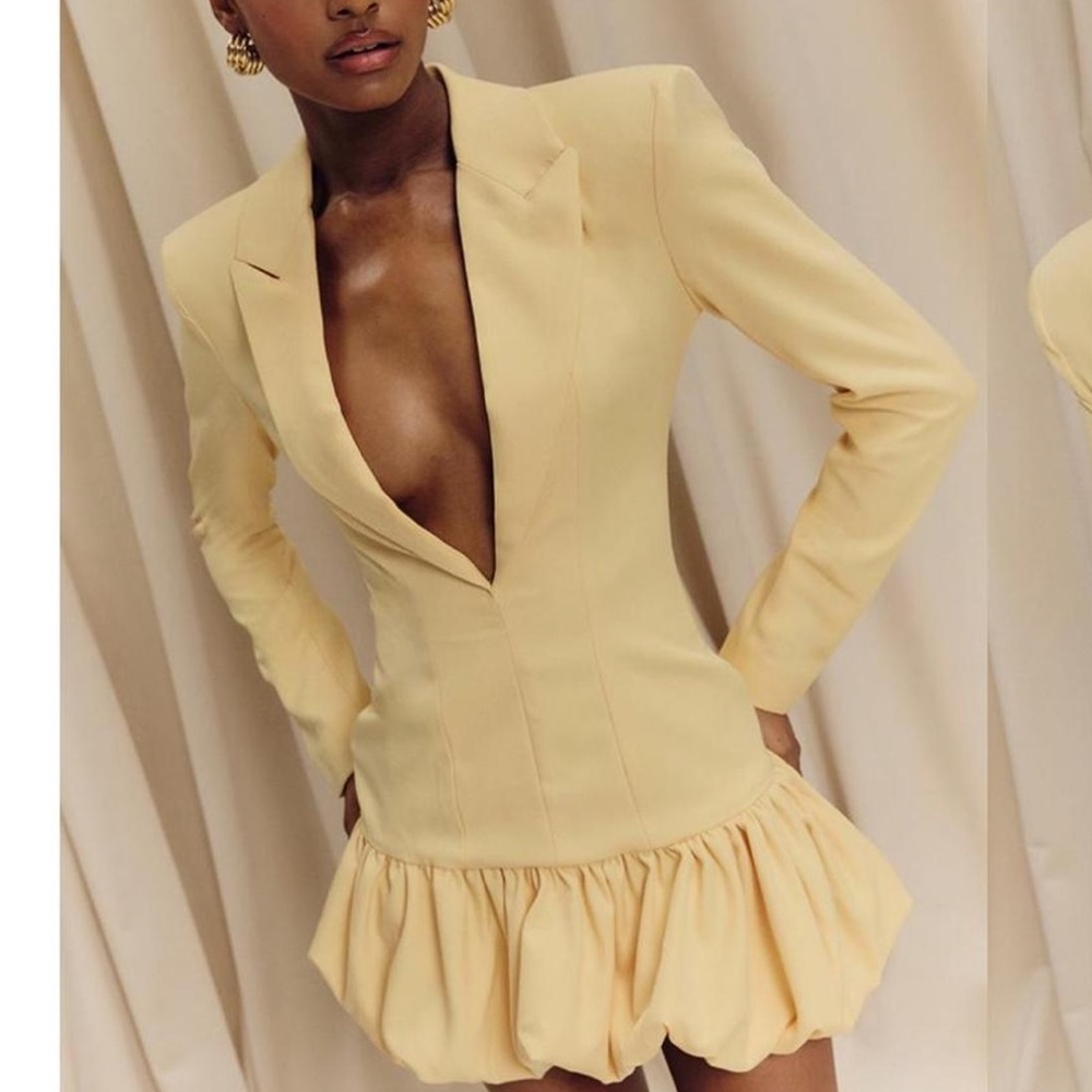 Elegant Yellow Women's Blazer Shoulderpad V Neck Dress